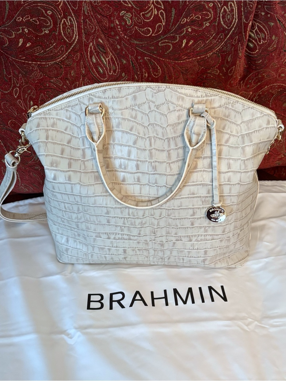 Brahmin Large Duxbury Ivory Croc-Embossed Leather Satchel with Gold Hardware